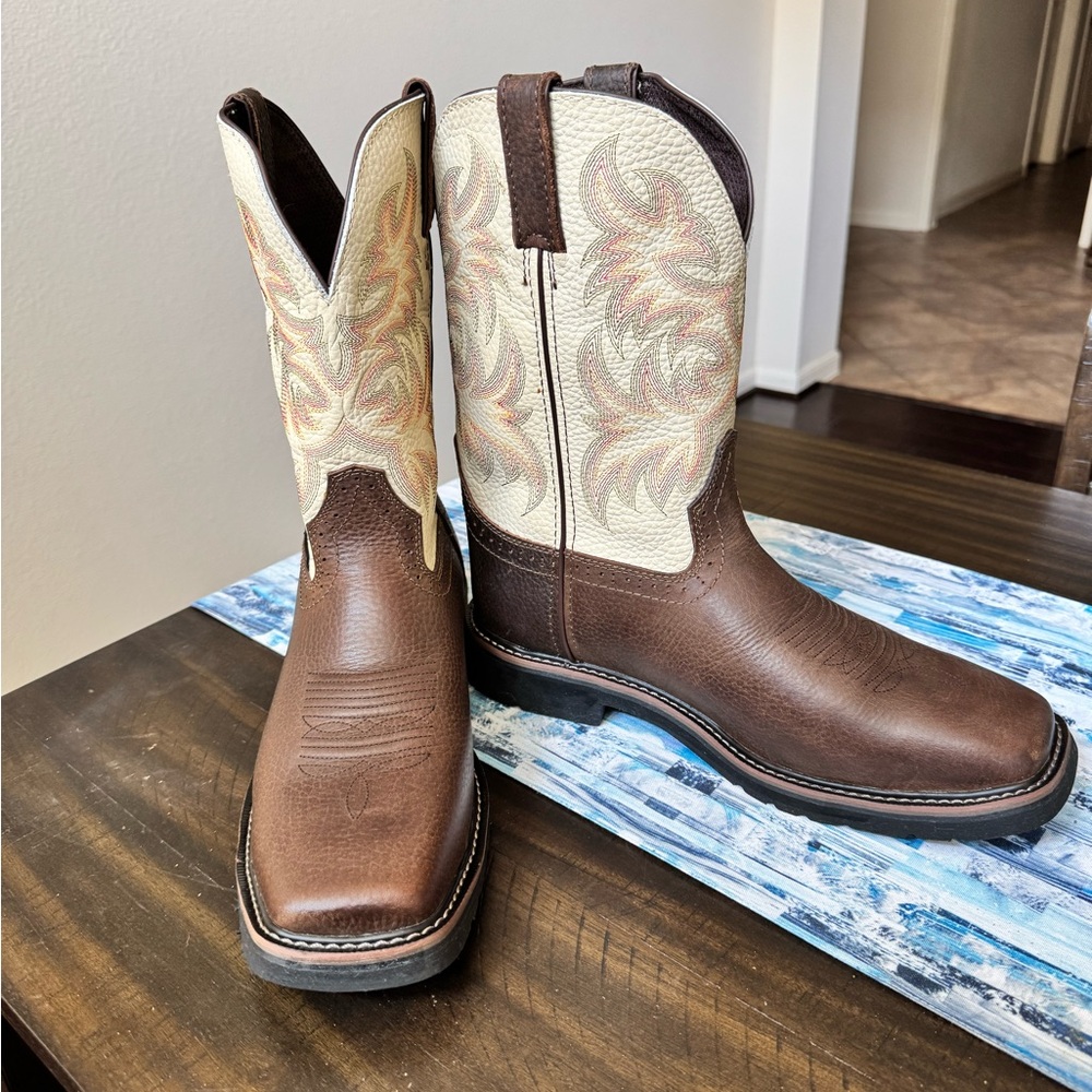 Justin Boots: Size 12 EE Brown and Cream Cowboy Working Steel Toe Boots